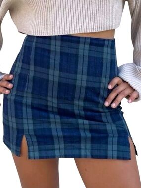 John Galt Brandy Melville Cara Blue Green Plaid Check Mini Skirt (fits XS/S)